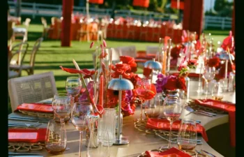 Outdoor banquet table set with red napkins, wine glasses, floral centerpieces, and candles; decorative red structures and more tables visible in the background on a lawn.